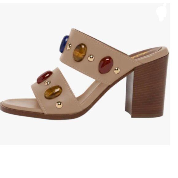 miss left Tan Jewelled Two Wide Straps Open Toe Stacked Chunky High Heel Mules - Picture 1 of 8